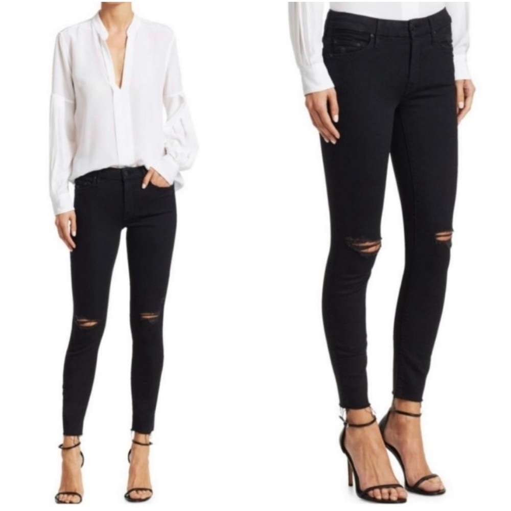Women’s MOTHER Black Distressed Skinny Jeans. Size 24.